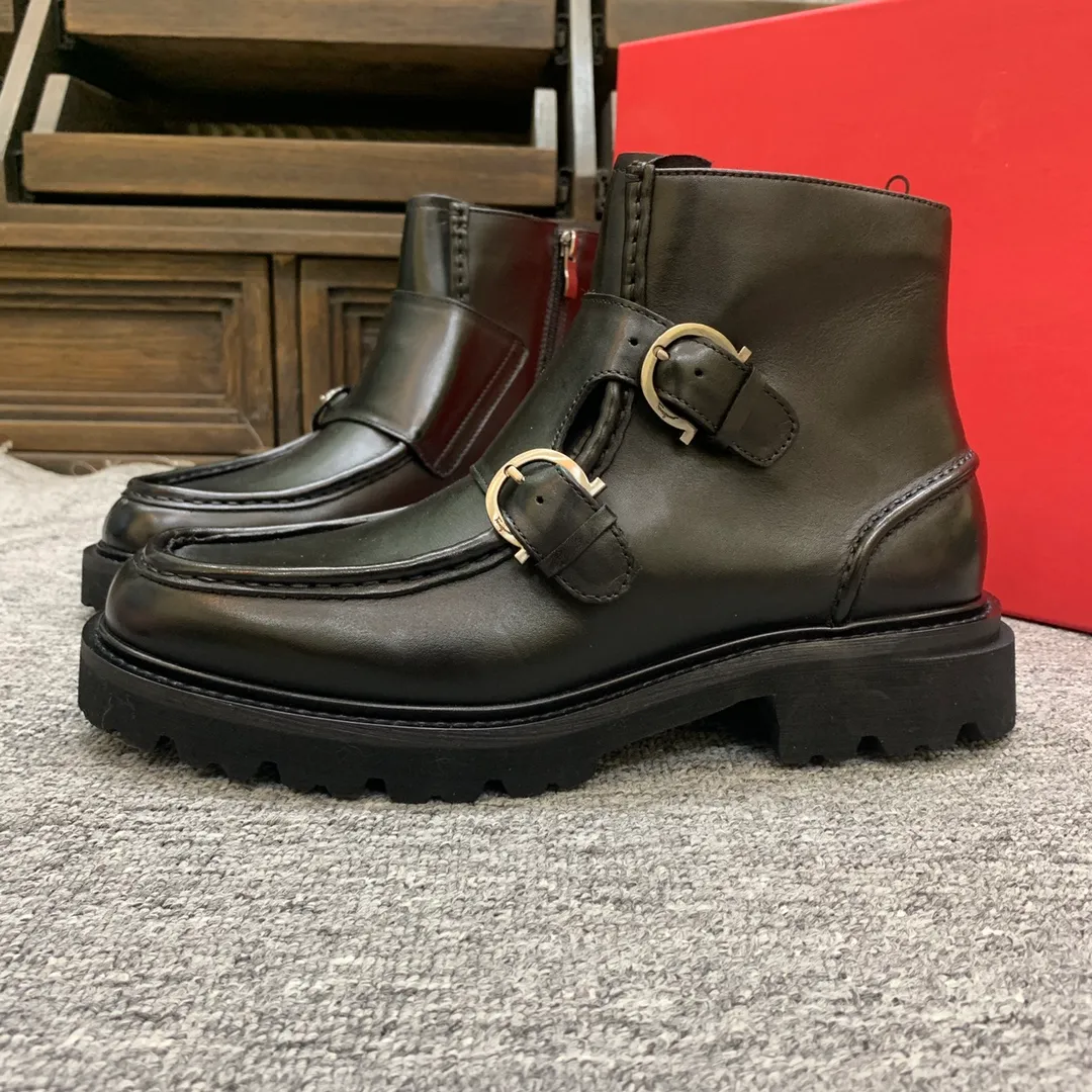 Men's shoes 💰960 🎁🎁🎁😈[Ferragamo] Men's high-top boots, the latest hot style, 1:1 original purchase quality, top quality, imported cowhide for the uppers, imported cowhide for the lining and feet, with original lightweight foam outsole, matching code 39-44, (38, 45 custom-made, non-refundable)